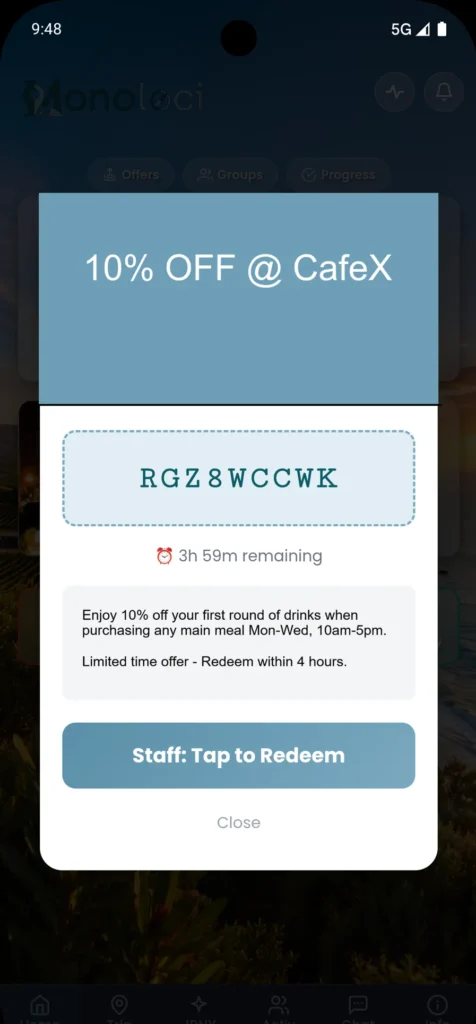 Promo modal: 10% off at CafeX with code RGZ8WCCWK, 3h59m remaining; tap to Redeem staff button visible.