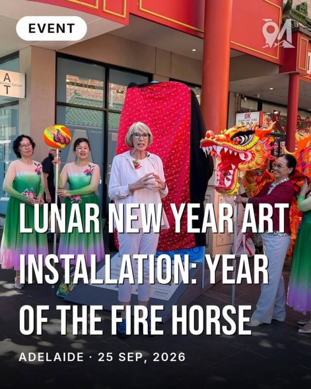 Grote Street gets a bold new centrepiece.A new art installation marking the Lunar New Year of the Fire Horse is unveiled at Adelaide's Grote Street entrance — a celebration of culture, colour, and the turn of the zodiac calendar. If you're near the city centre, it's the kind of street-level art that rewards a closer look.Lunar New Year installations bring a burst of creativity to the public realm, and this one lands at one of Adelaide's most walkable spots. Drop past, take a photo, and welcome the Year of the Fire Horse.📅 25 September, 2026
📍 Adelaide — Grote Street entranceFind it in the Monoloci app.Monoloci also available on the App Store and Google Play.#visitsa #seesa #monoloci #lunarnewyear #adelaideevents